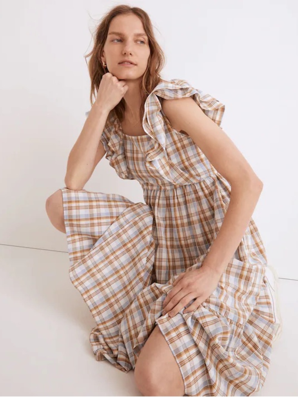 Madewell Ruffle-Sleeve Tiered Midi Dress in Plaid